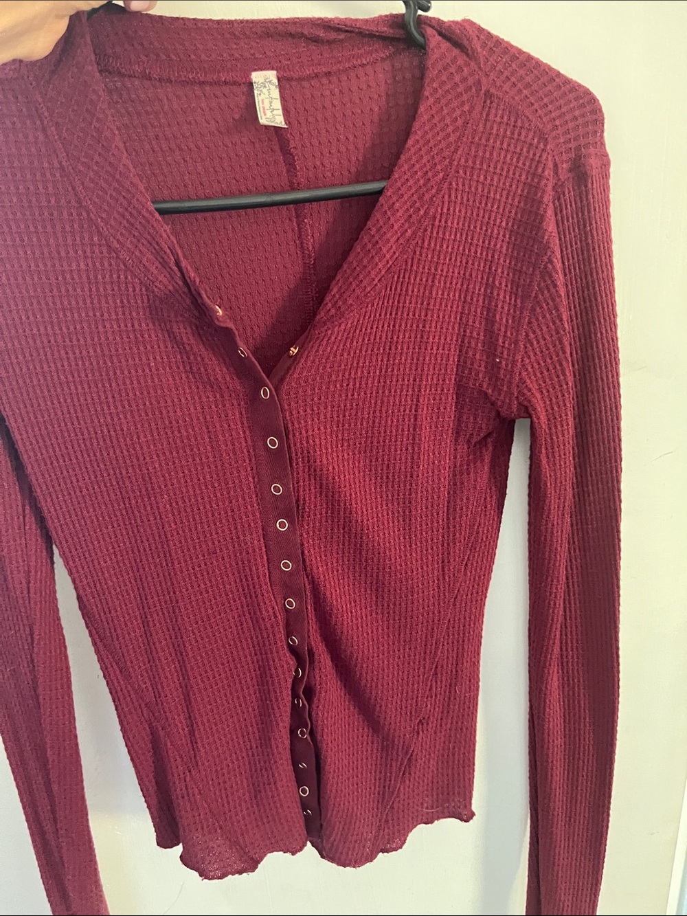 Free People Small Waffle-Knit Snap-Front Long Sleeve Top - Burgundy.